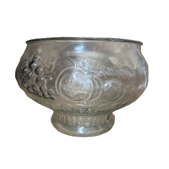 Glass Fruit Bowl Fruit Etching 10" Diameter Clear Molded Grapes Apples Pears Pea - Picture 6 of 9